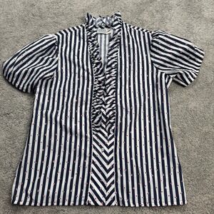 Vintage Judy Bond Petites Women's 8 Blouse Short Sleeve Ruffle Front Blue